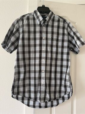 Tommy Hilfiger Plaid Button Down Shirt Mens Medium Gray Black Short Sleeve